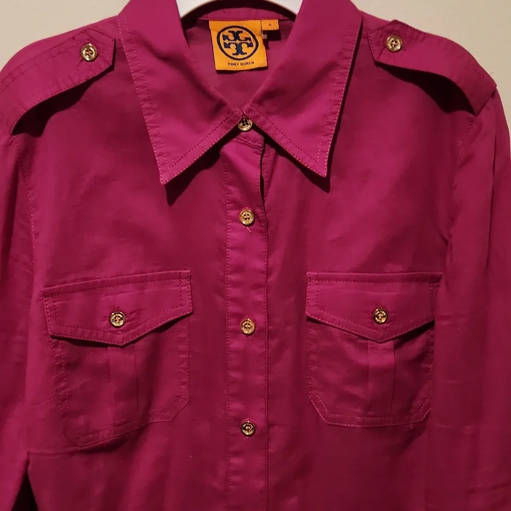 ❤️ TORY BURCH BRIGETTE FITTED BUTTON DOWN COTTON SHIRT / TOP IN MAGENTA, 6 - Picture 4 of 13